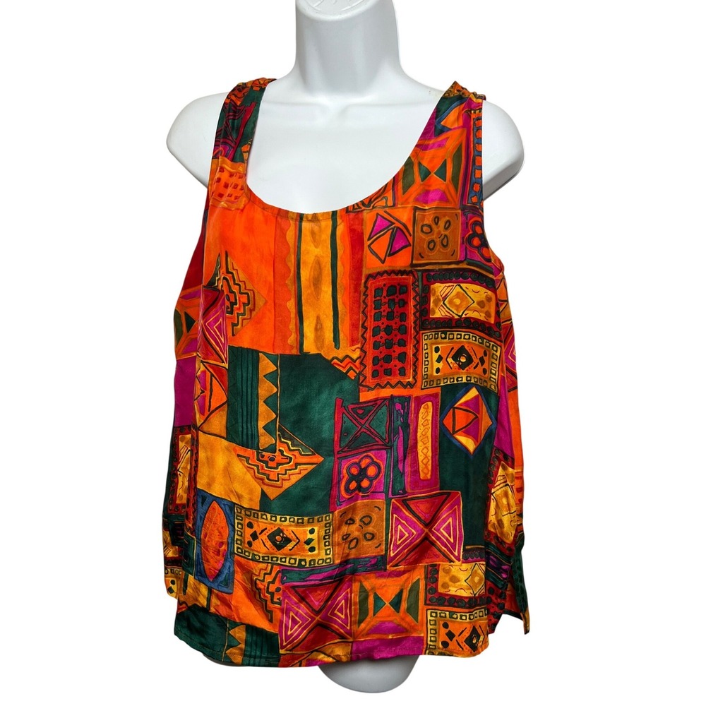 Vintage‎ NEW YORK STUDIO Silk Patchwork Tank Top L Orange Green Geometric Print